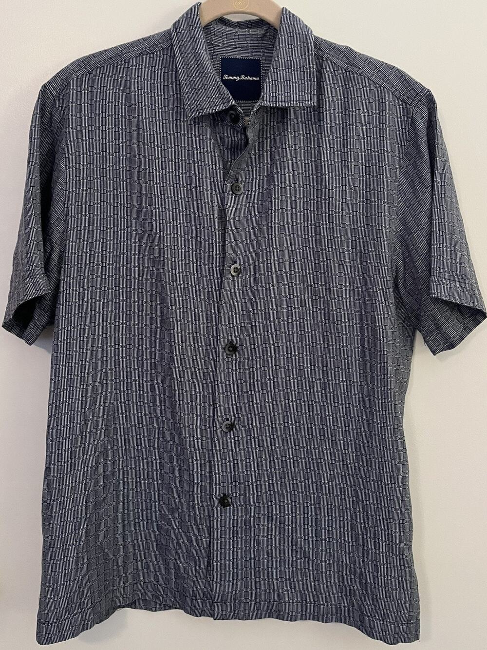 Tommy Bahama Men’s M Blue Silk Geometric Rectangle Print Short Sleeve Shirt